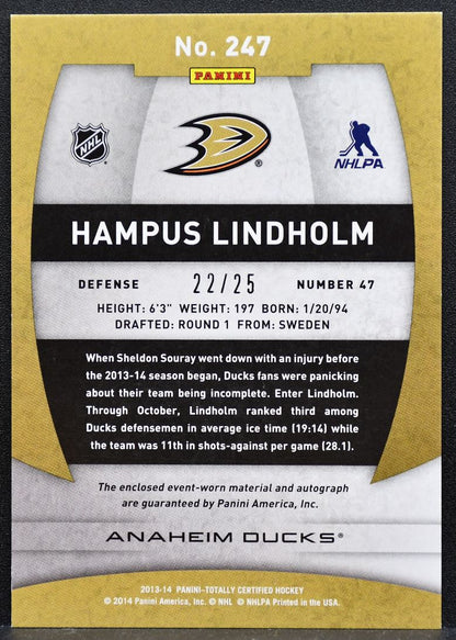 2013-14 Totally Auto Mirror Plat Red Lindholm RC Auto 22/25 Jersey 2046