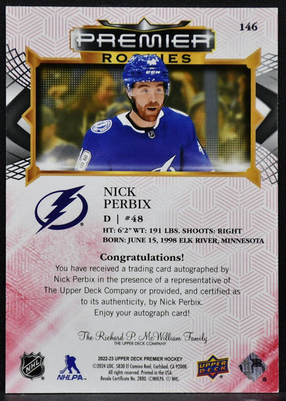 2022-23 UD Premier Rookies Auto Nick Perbix 146 Tampa Bay Lightning RC Auto