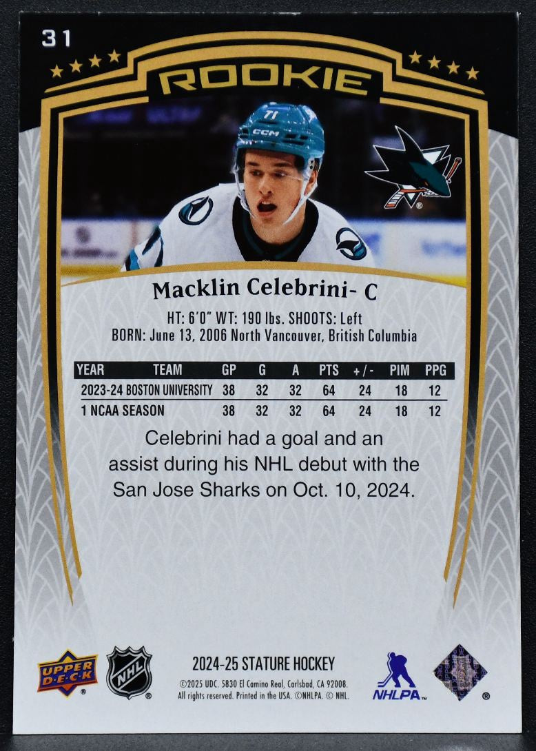 2024-25 UD Stature Rookie Base Macklin Celebrini 31 San Jose Sharks RC 344/999 4718