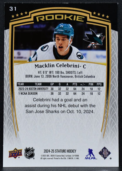 2024-25 UD Stature Rookie Base Macklin Celebrini 31 San Jose Sharks RC 344/999 4718