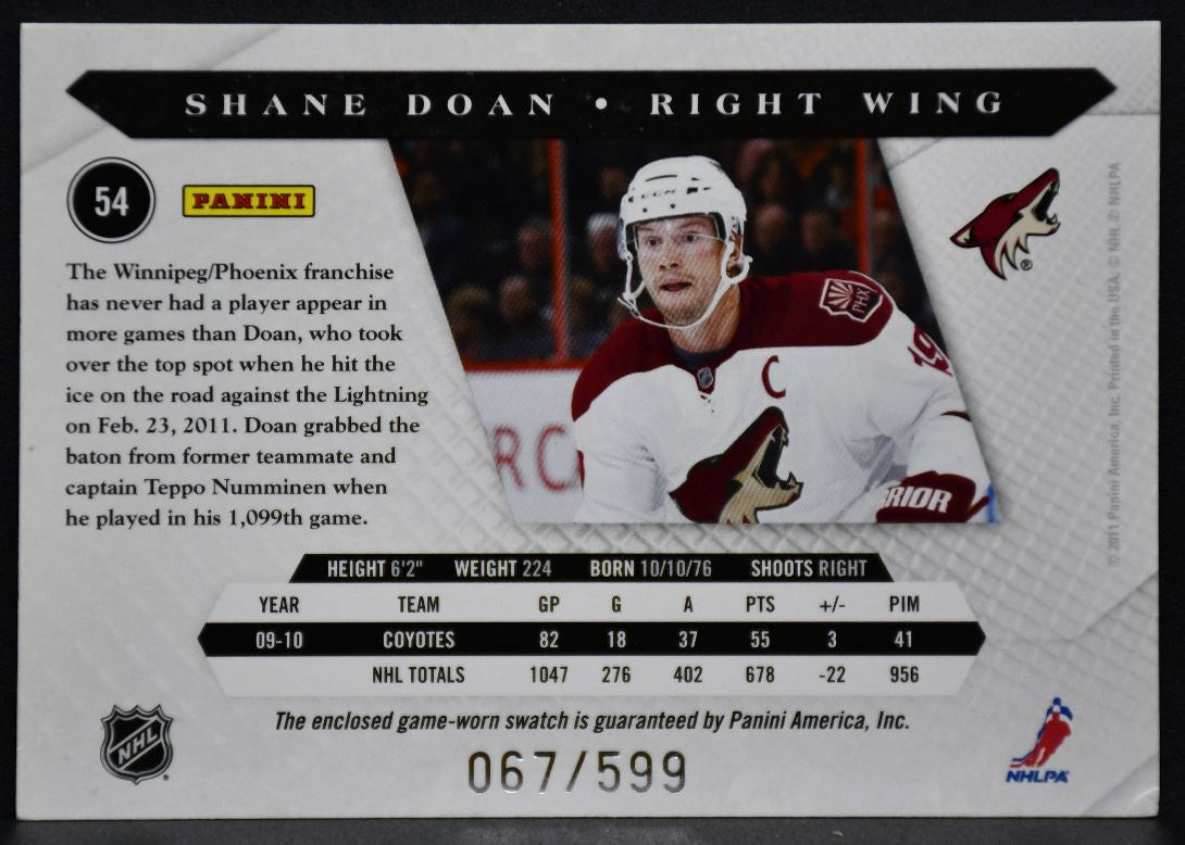 2010-11 Panini Luxury Suite Shane Doan 54 Phoenix Coyotes 067/599 Jersey 7023