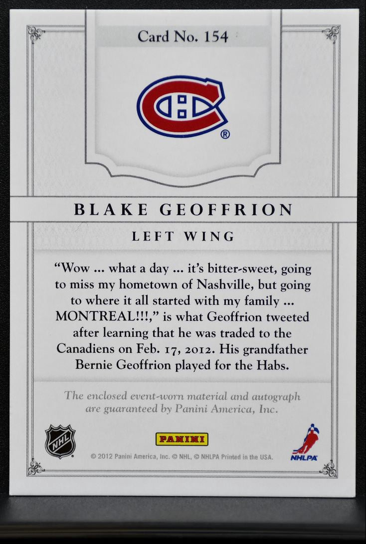 2012-13 Panini Dominion Auto Patch Geoffrion Auto 039/199 Patch 0810
