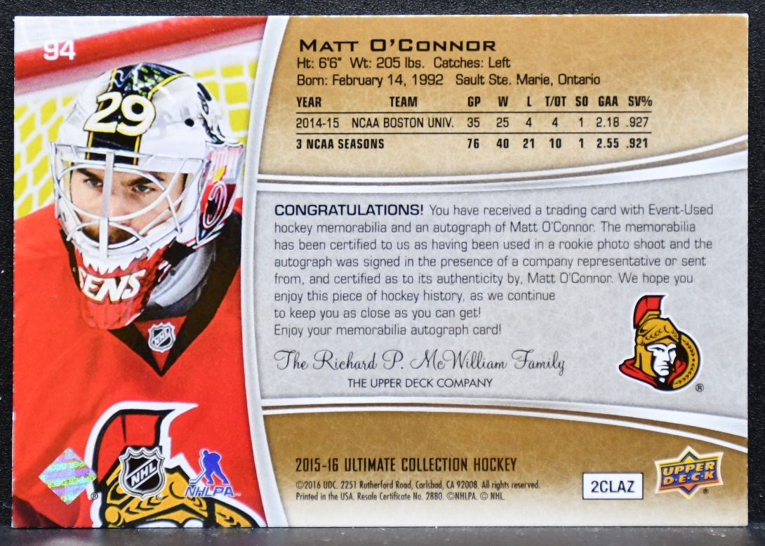 2015-16 Ultimate Spectrum Silver Auto O'Connor RC Auto 026/149 Jersey 5979
