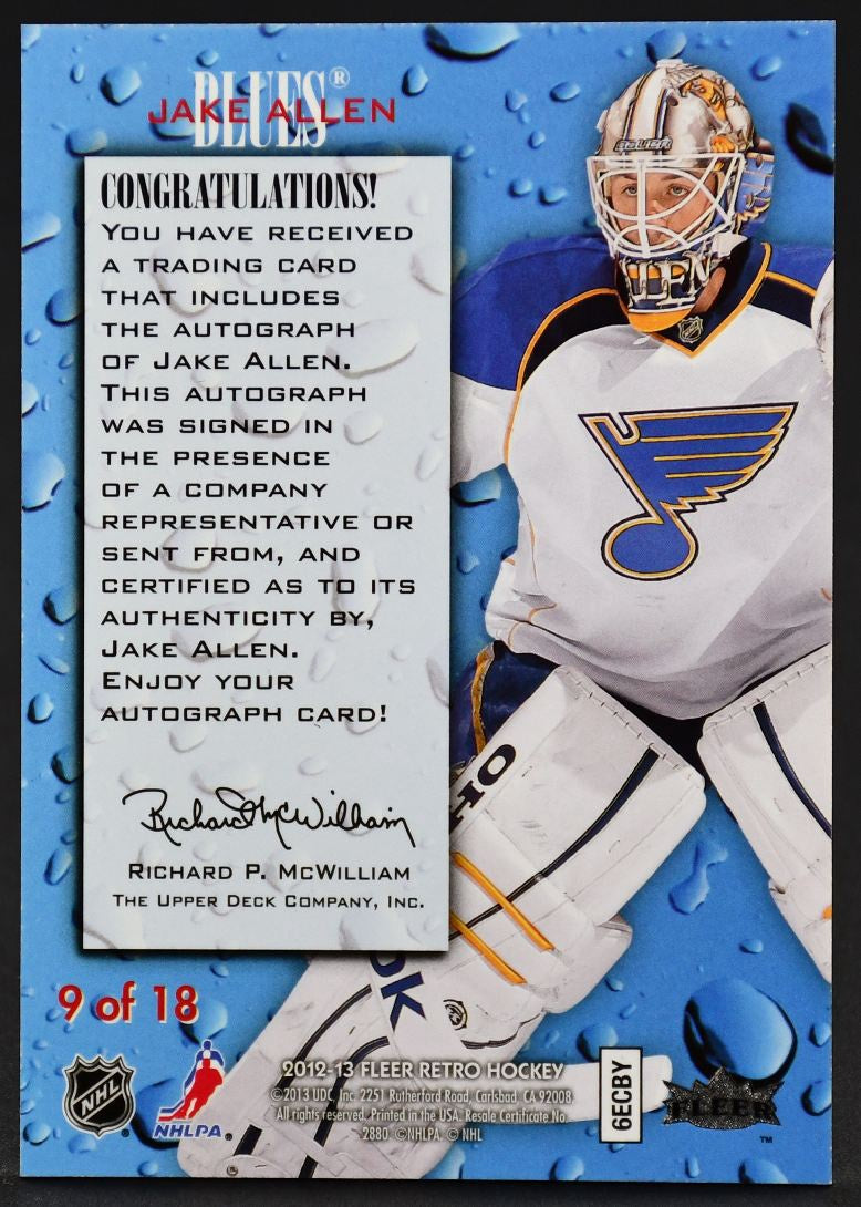 2012-13 Fleer Retro Rookie Sensation Jake Allen 9 RC Auto