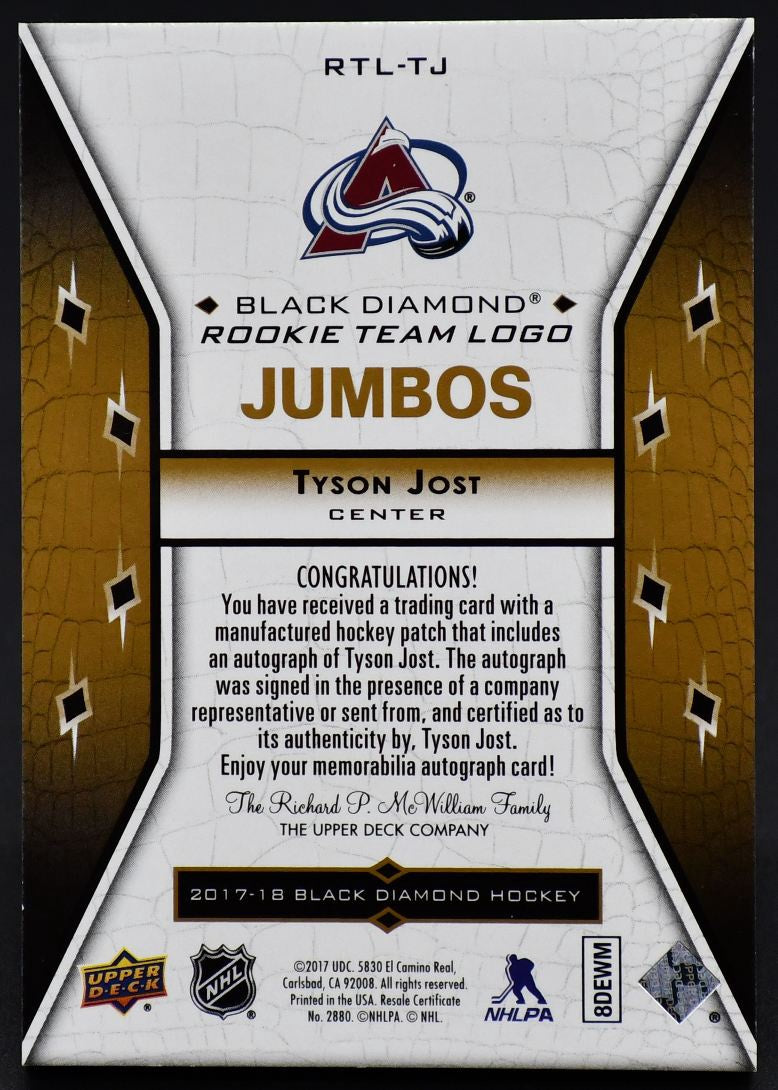 2017-18 UD Black Diamond Rookie Team Logo Jumbos Jost RTL-TJ RC Auto 26/99 Patch