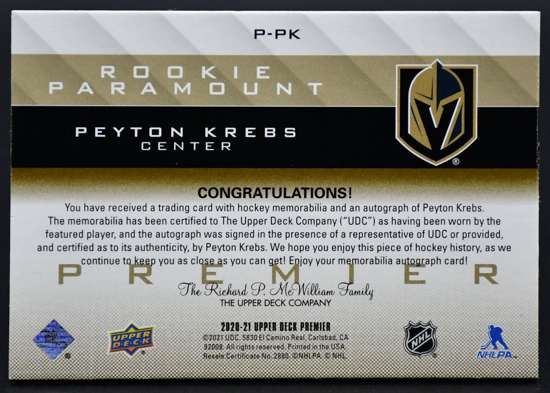 2020-21 UD Premier Update 2020-21 Peyton Krebs Golden Knights Auto /99 Patch