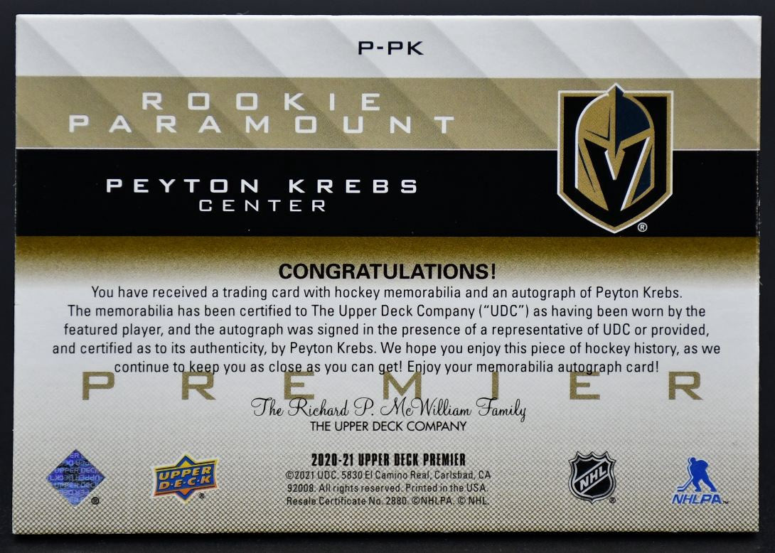 2020-21 UD Premier Update 2020-21 Peyton Krebs Golden Knights Auto /99 Patch