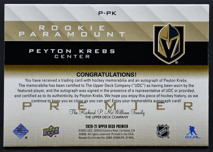 2020-21 UD Premier Update 2020-21 Peyton Krebs Golden Knights Auto /99 Patch