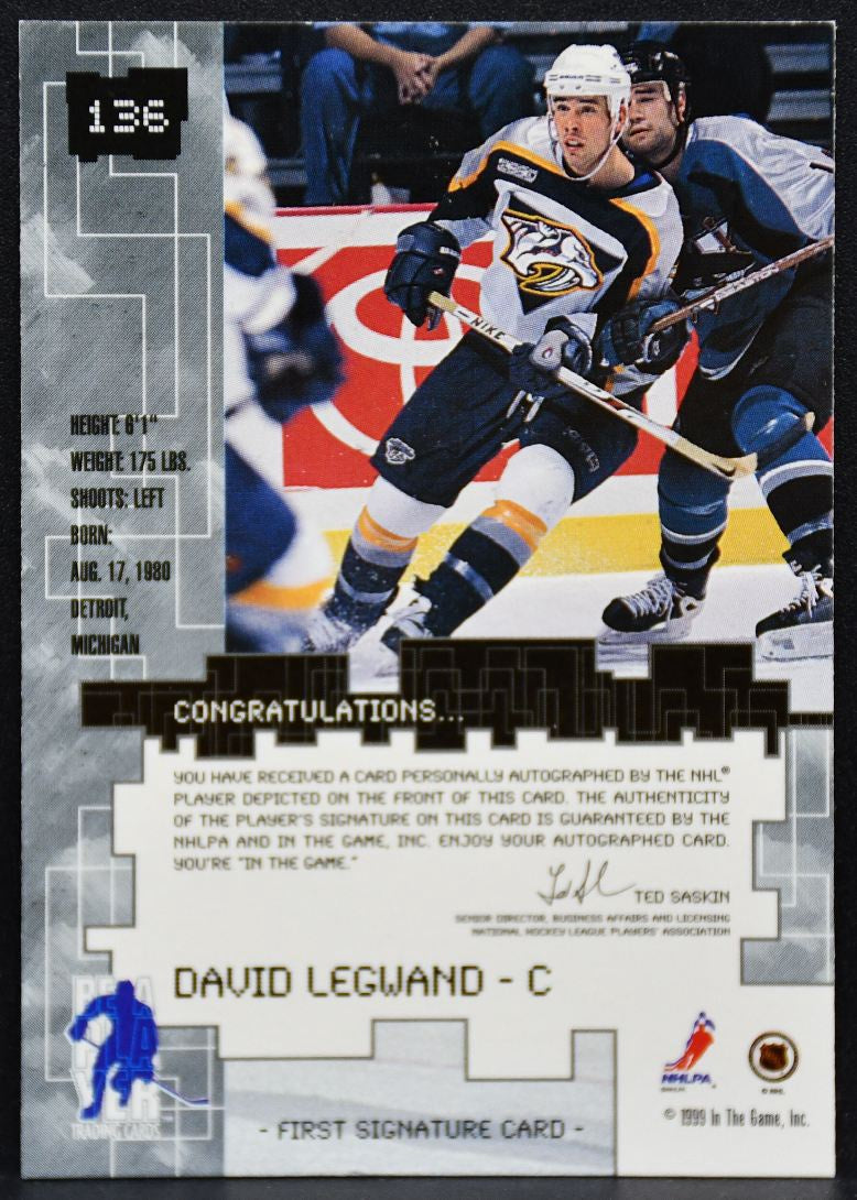 1999-100 Be a Player Auto Series Auto Gold David Legwand 136 Predators Auto 7730