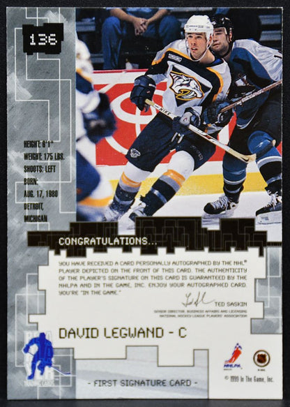 1999-100 Be a Player Auto Series Auto Gold David Legwand 136 Predators Auto 7730
