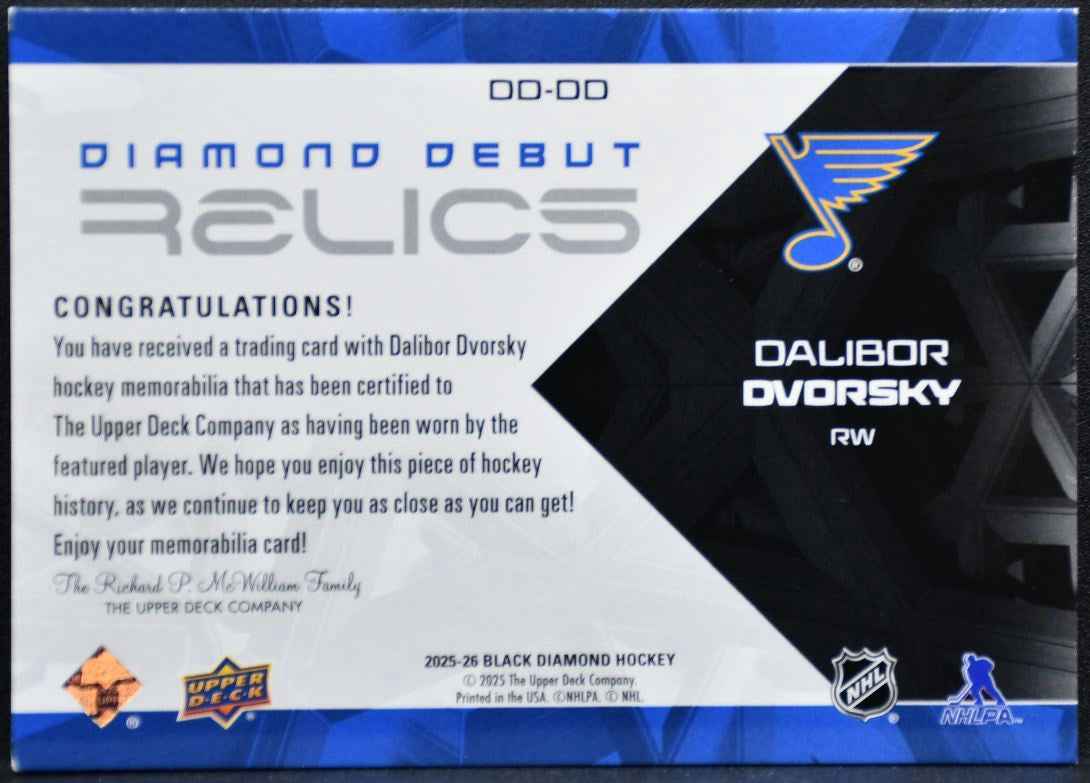 2025-26 UD Black Diamond Debut Relics Dalibor Dvorsky Blues RC Jersey 5806