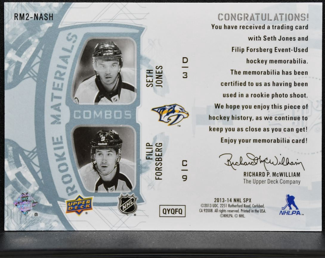 2013-14 SPx Rookie Materials Combos Forsberg/Jones RC Jersey 5037