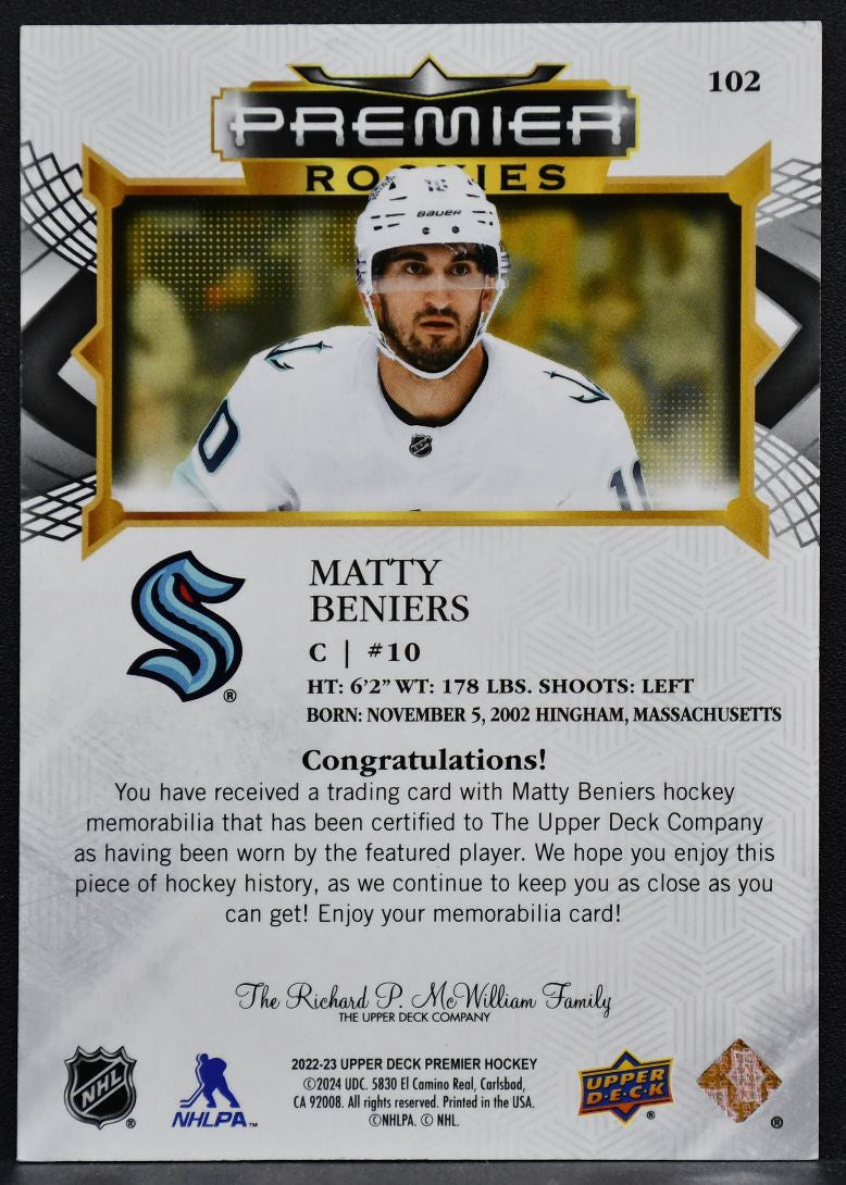 2022-23 UD Premier RC Jersey Matty Beniers 102 Seattle Kraken RC Auto Jersey 6652