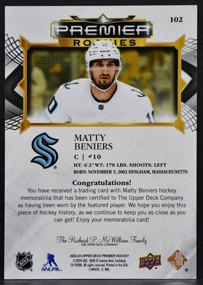 2022-23 UD Premier RC Jersey Matty Beniers 102 Seattle Kraken RC Auto Jersey 6652
