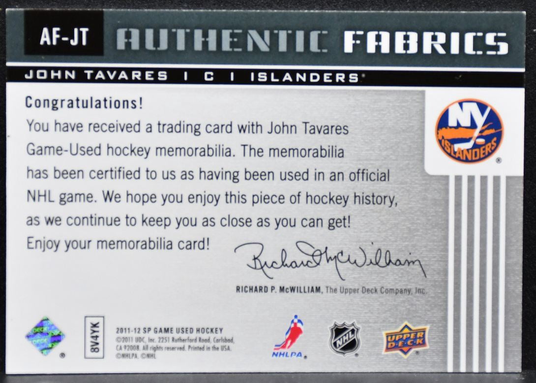 2011-12 SP Game Used Authentic Fabrics Silver Tavares 082/100 Jersey 5191