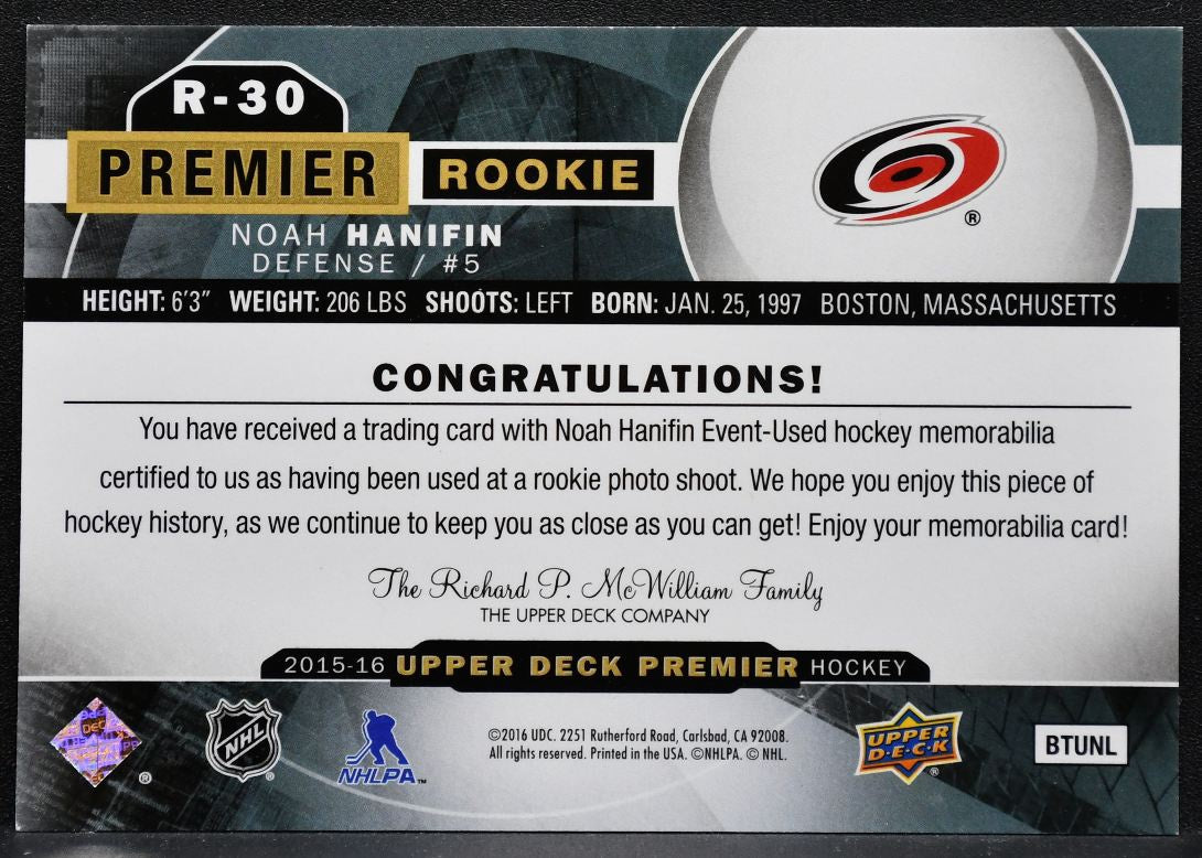 2015-16 UD Premier Rookies - Jersey Noah Hanifin R-30 Hurricanes RC Jersey 4466