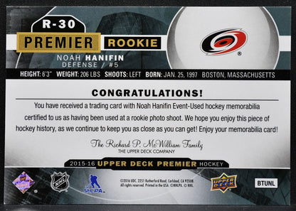 2015-16 UD Premier Rookies - Jersey Noah Hanifin R-30 Hurricanes RC Jersey 4466