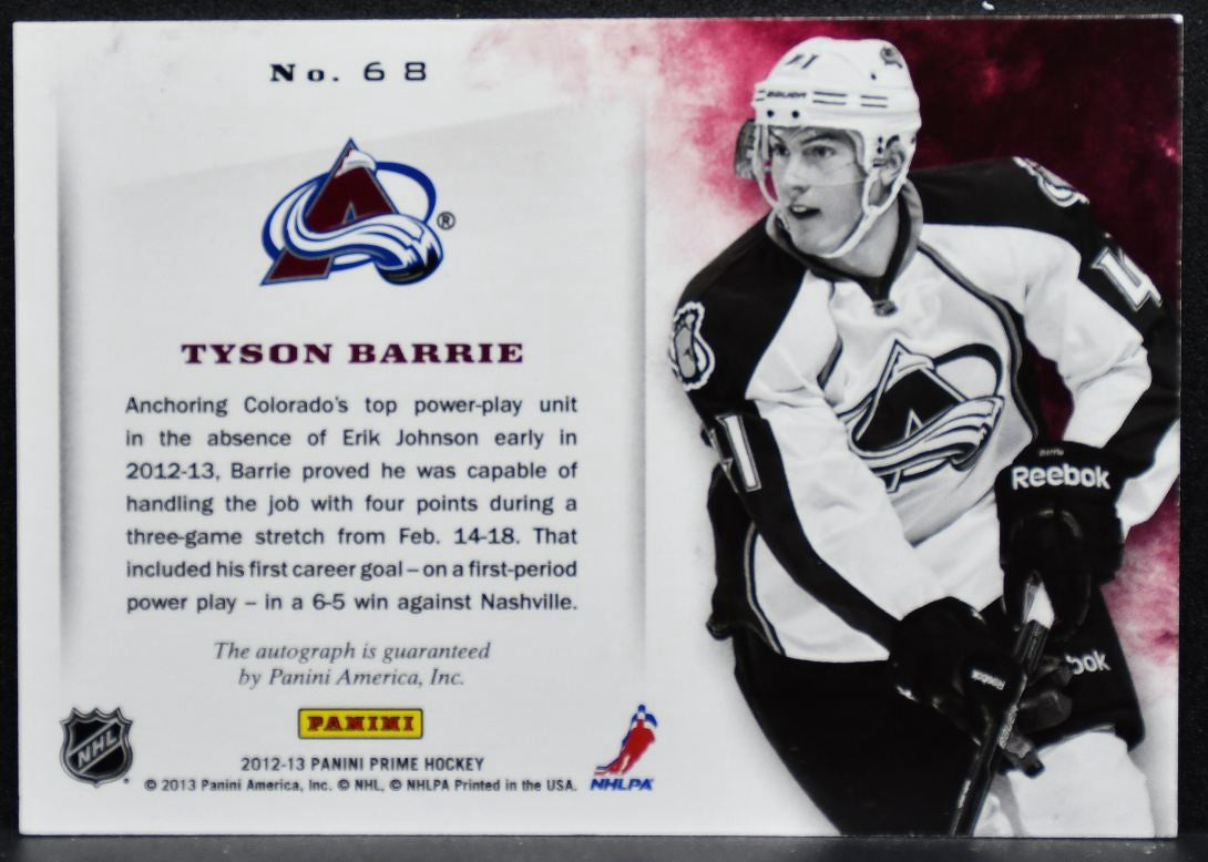 2012-13 Panini Prime Signatures Tyson Barrie 68 Colorado Avalanche Auto 3982