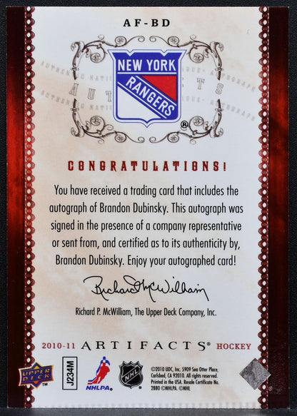 2010-11 Upper Deck Artifacts Autofacts Brandon Dubinsky AF-BD Rangers Auto 1399