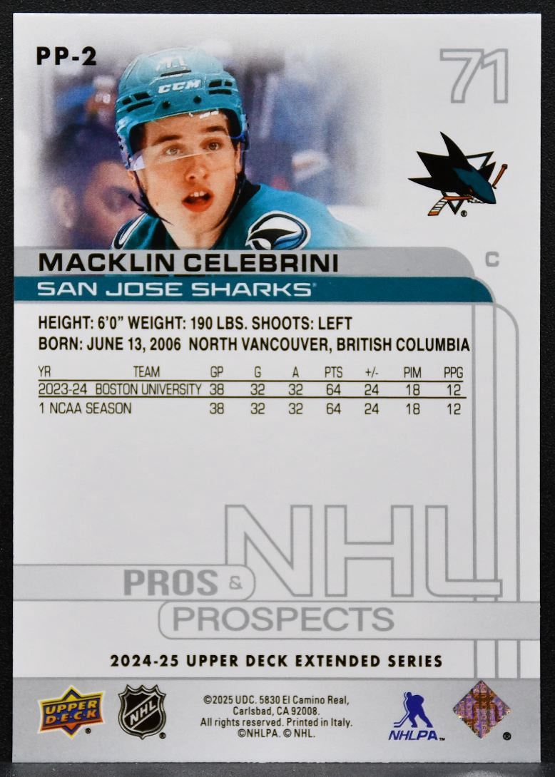 2024-25 UD Extended Series NHL Pros and Prospects Macklin Celebrini RC 3912