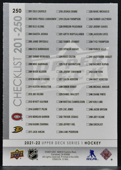 2021-22 UD Series 1 Young Guns Checklist Cole Caufield / Trevor Zegras RC 4070