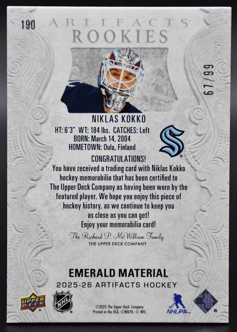 2025-26 UD Artifacts Niklas Kokko 190 Seattle Kraken RC 67/99 Patch