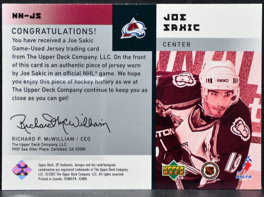 2001-02 SP Authentic Notable Numbers Joe Sakic NN-JS Avalanche /1178 Jersey 9622
