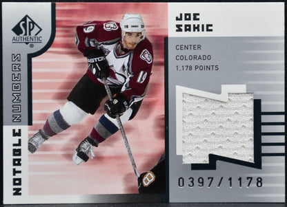 2001-02 SP Authentic Notable Numbers Joe Sakic NN-JS Avalanche /1178 Jersey 9622