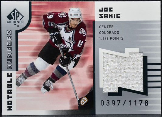 2001-02 SP Authentic Notable Numbers Joe Sakic NN-JS Avalanche /1178 Jersey 9622