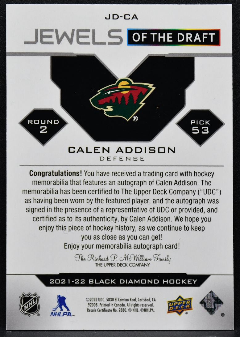 2021-22 UD Black Diamond Jewels of the Draft Addison JD-CA RC Auto Patch 2668