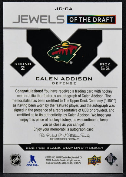 2021-22 UD Black Diamond Jewels of the Draft Addison JD-CA RC Auto Patch 2668