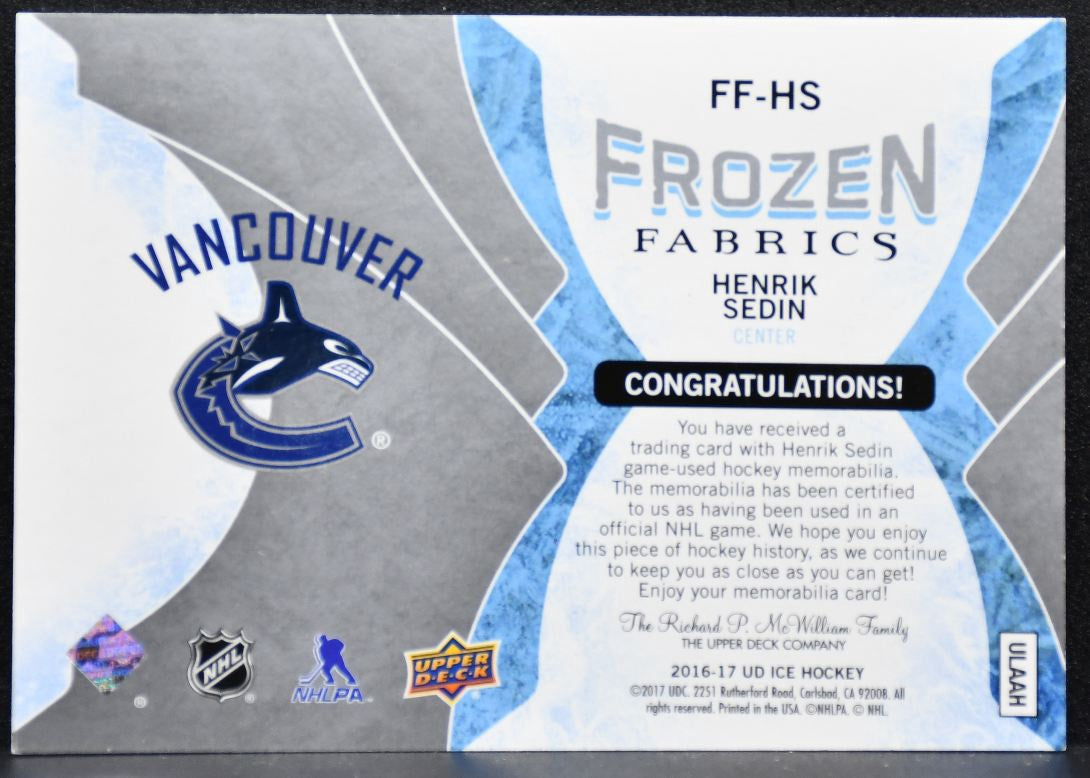2016-17 Upper Deck Ice Frozen Fabrics Henrik Sedin FF-HS Canucks Jersey 3456