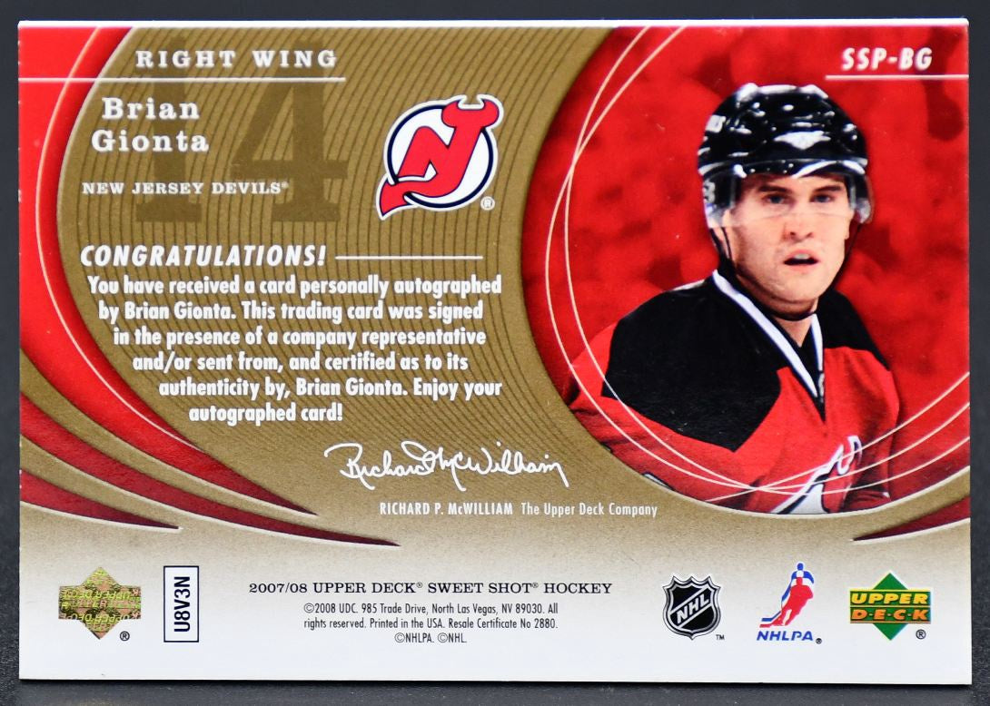 2007-08 UD Sweet Shot Signature Shots Puck Signings Brian Gionta SSP-BG Auto