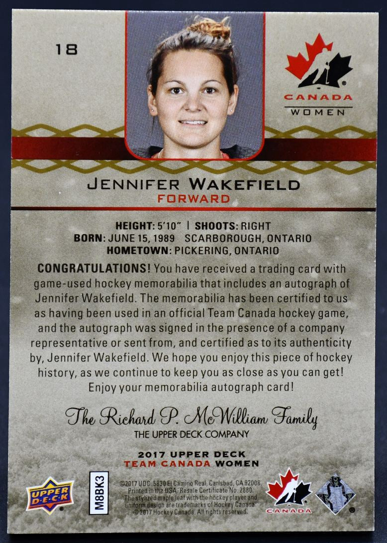 2017-18 UD Team Canada Juniors Canada Premium Wakefield 18 Auto 055/199 Patch
