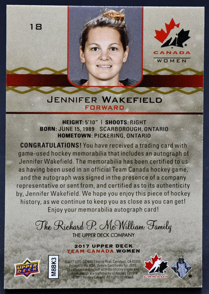2017-18 UD Team Canada Juniors Canada Premium Wakefield 18 Auto 055/199 Patch
