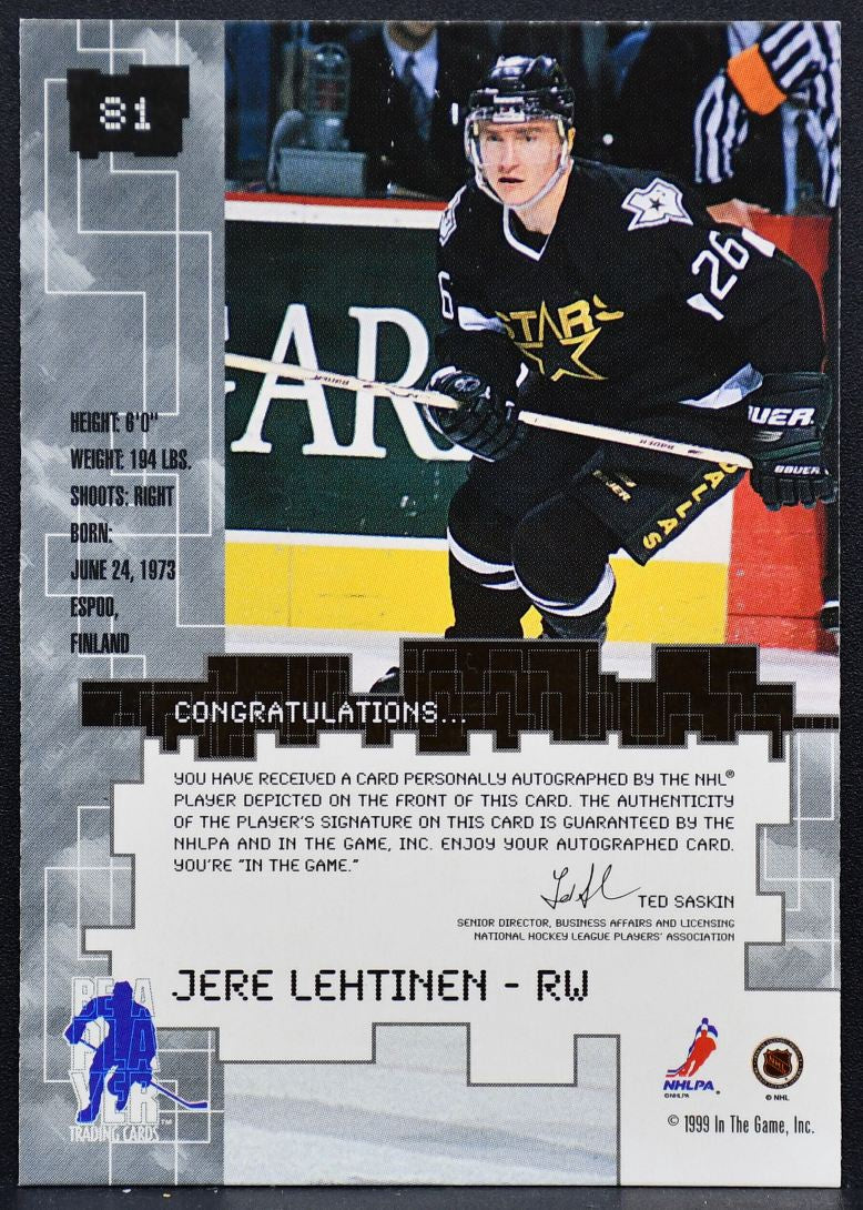 1999-100 Be a Player Millennium Autographs Gold Jere Lehtinen 81 Stars Auto 8430