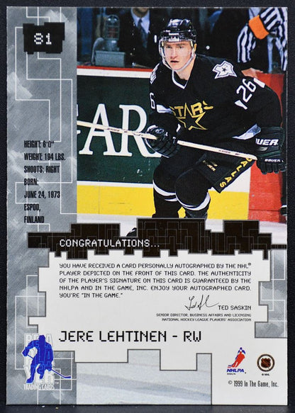 1999-100 Be a Player Millennium Autographs Gold Jere Lehtinen 81 Stars Auto 8430