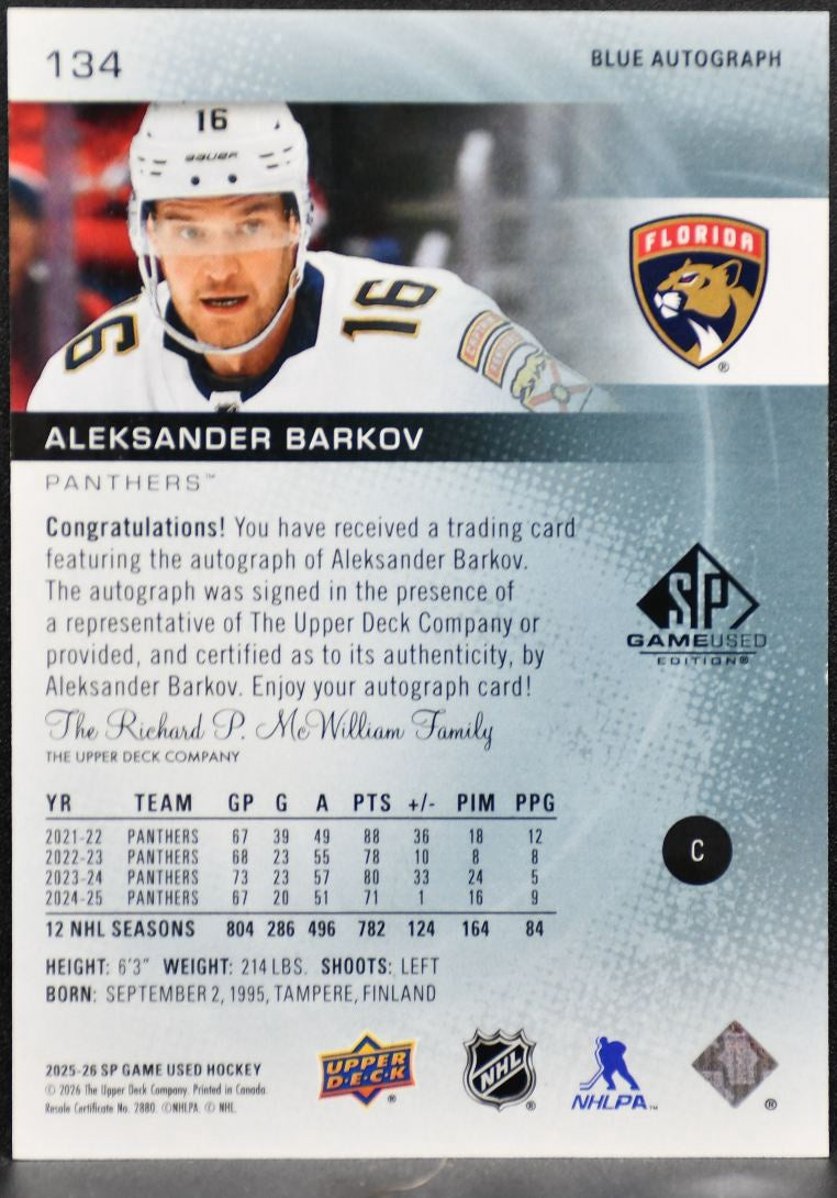 2025-26 SP Game Used Blue Autographs Aleksander Barkov 134 Panthers Auto 5875