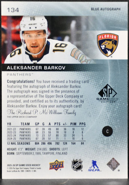 2025-26 SP Game Used Blue Autographs Aleksander Barkov 134 Panthers Auto 5875