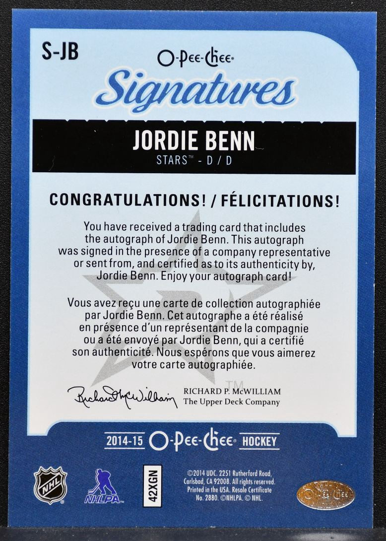 2014-15 O-Pee-Chee Signatures Jordie Benn S-JB Dallas Stars Auto 9770