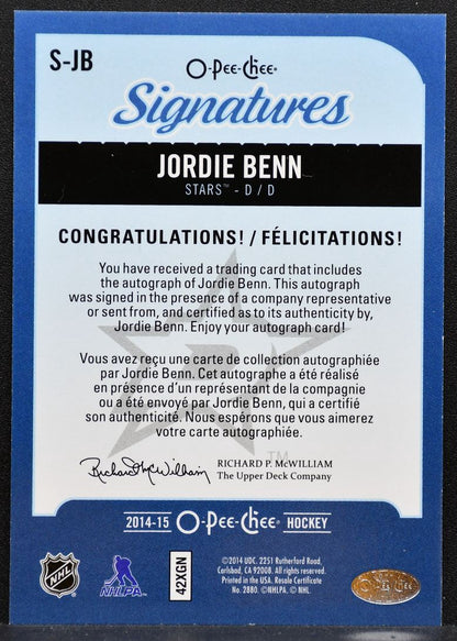 2014-15 O-Pee-Chee Signatures Jordie Benn S-JB Dallas Stars Auto 9770