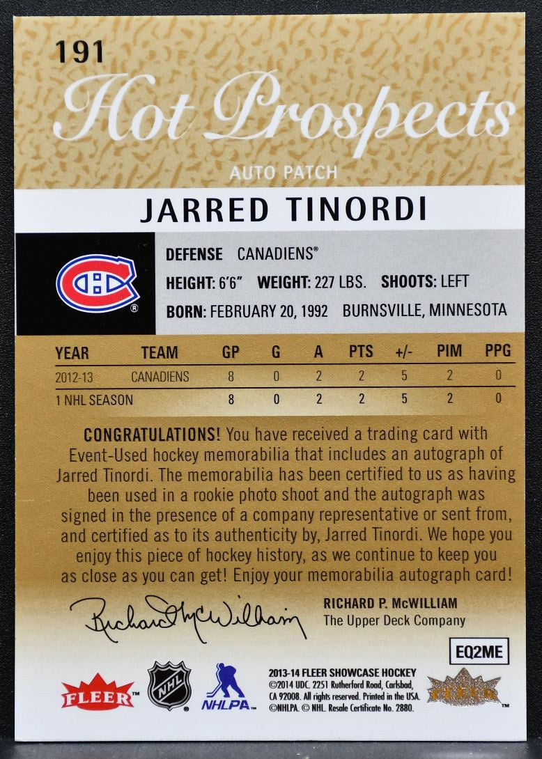 2013-14 Fleer Hot Prospects Auto Patch Tinordi RC Auto 171/375 Patch 2091