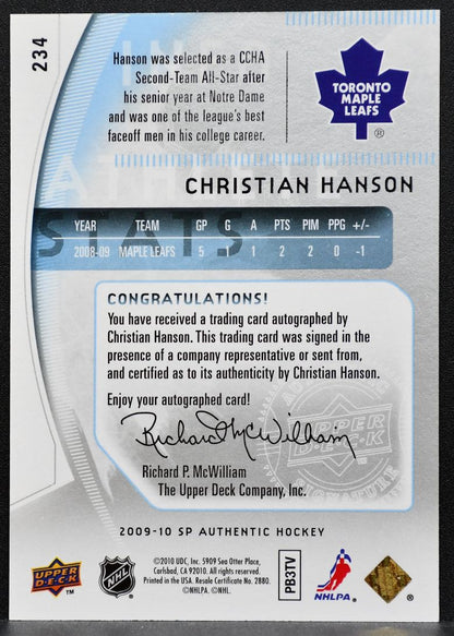 2009-10 SP Authentic Future Watch Auto Christian Hanson Maple Leafs RC Auto 0996
