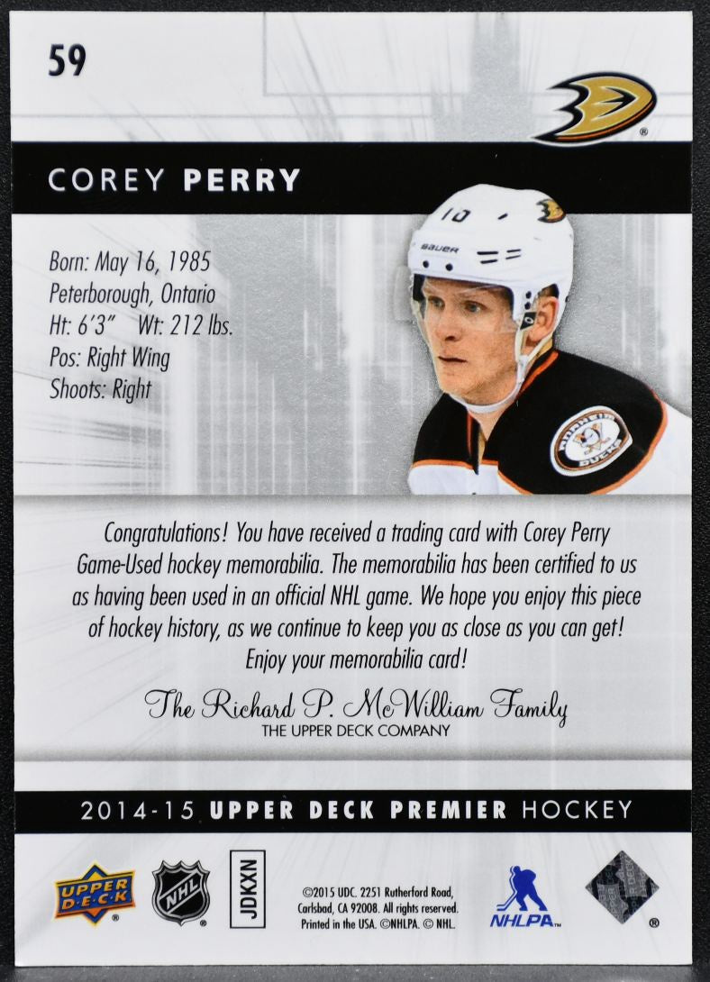 2014-15 UD Premier Jersey Corey Perry 59 Ducks /125 Jersey 9189