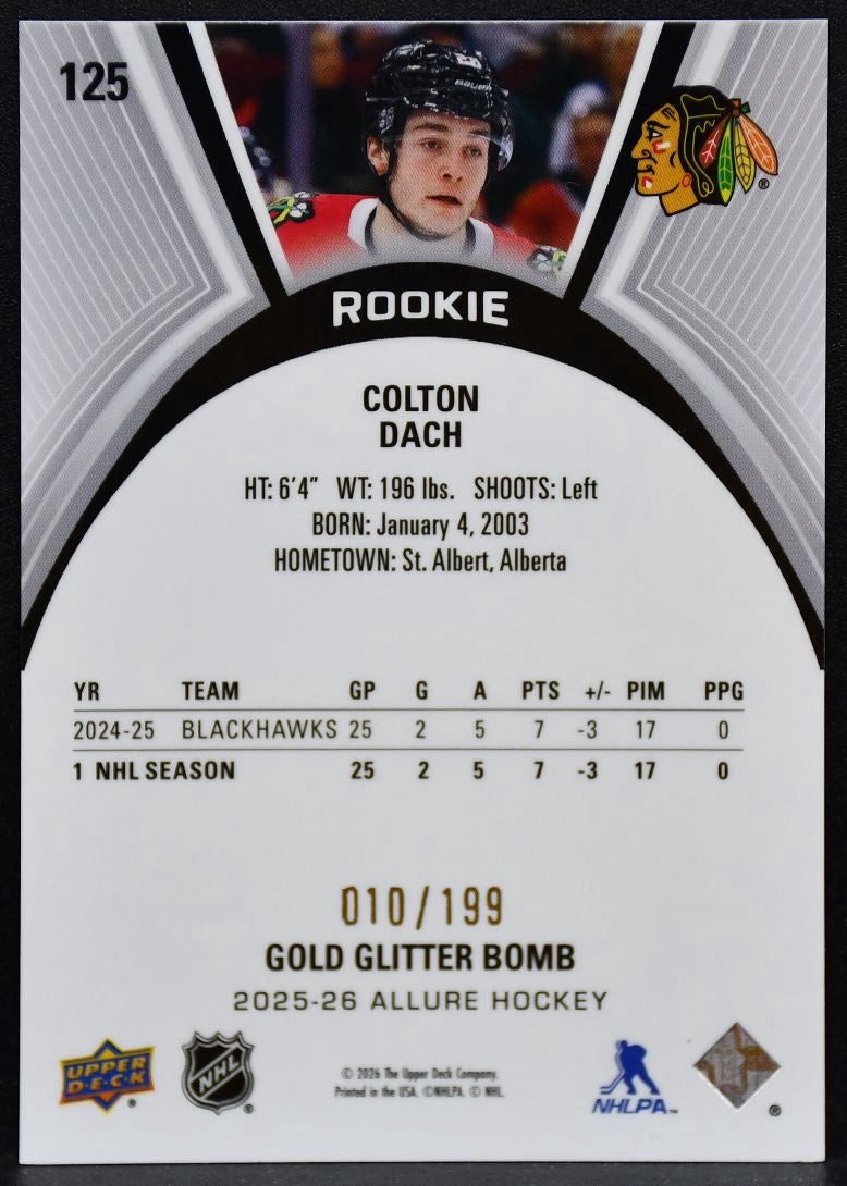 2025-26 UD Allure Gold Glitter Bomb Colton Dach 125 Blackhawks RC 010/199 5149