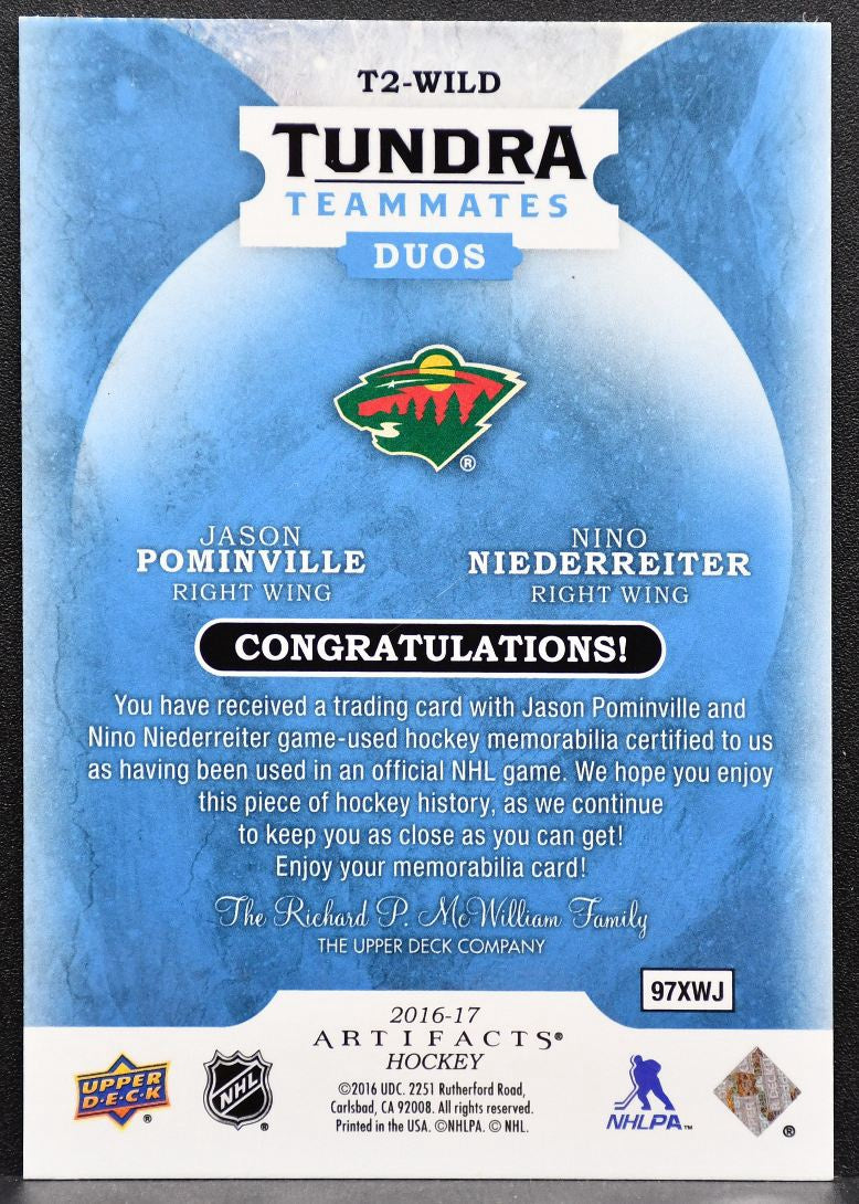 2016-17 UD Artifacts Tundra Teammates Duos Pominville/Niederreiter Jersey 8155