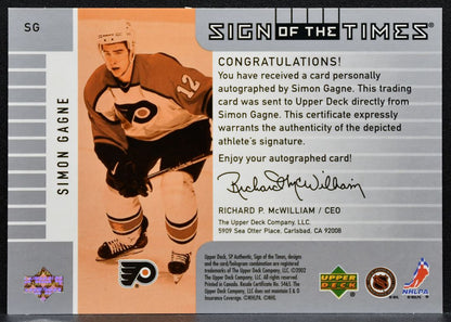 2001-02 SP Authentic Sign of the Times Simon Gagne SG Flyers Auto 7255