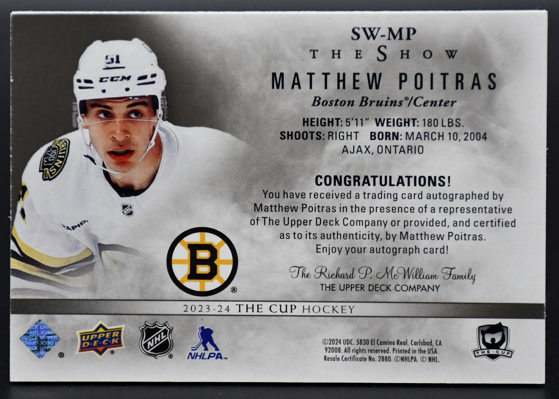 2023-24 UD The Cup Matthew Poitras SW-MP Boston Bruins Auto