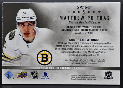 2023-24 UD The Cup Matthew Poitras SW-MP Boston Bruins Auto