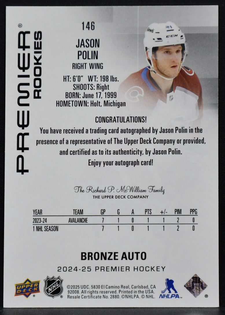 2024-25 UD Premier Bronze Auto Jason Polin 146 Colorado Avalanche RC Auto 5402
